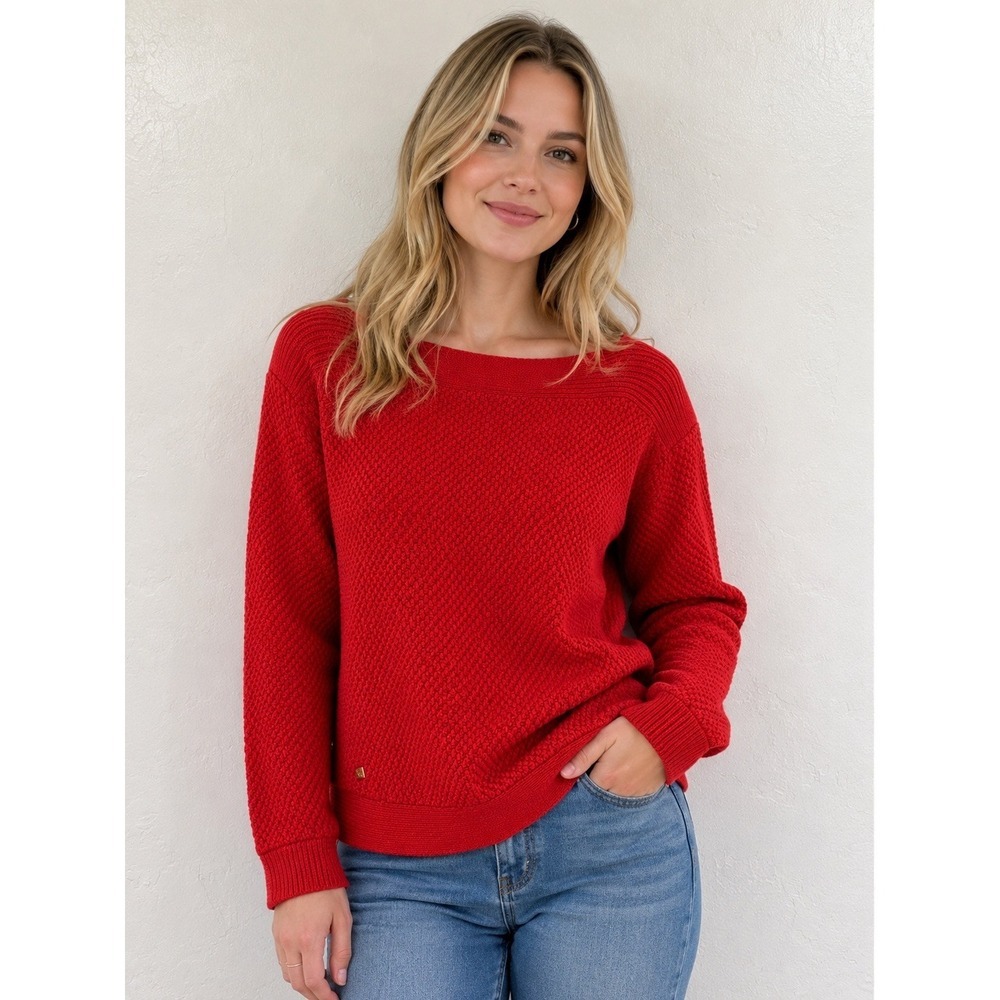 Lauren Ralph Lauren Red Cotton Textured Knit Boat Neck Sweater Womens Medium